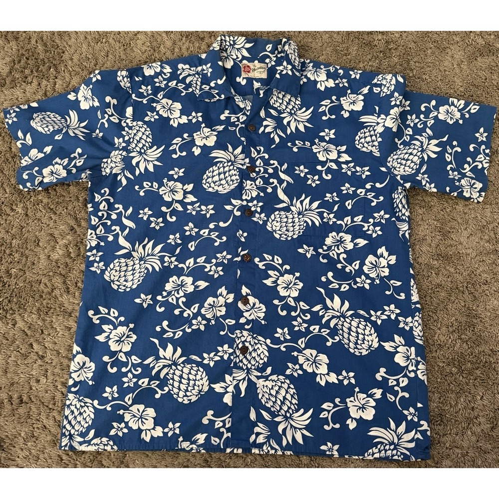HILO HATTIE‎ The Hawaiian Original Mens Size L Button Up Blue Pineapple